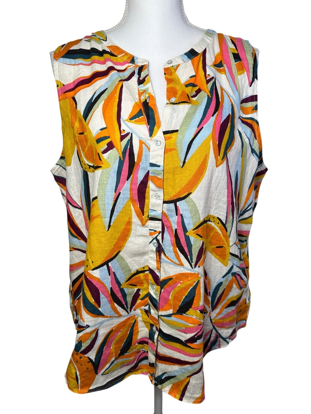 C&C California 100% Linen Tropical Leaf Print Sleeveless Button Front Top L - Picture 2 of 10